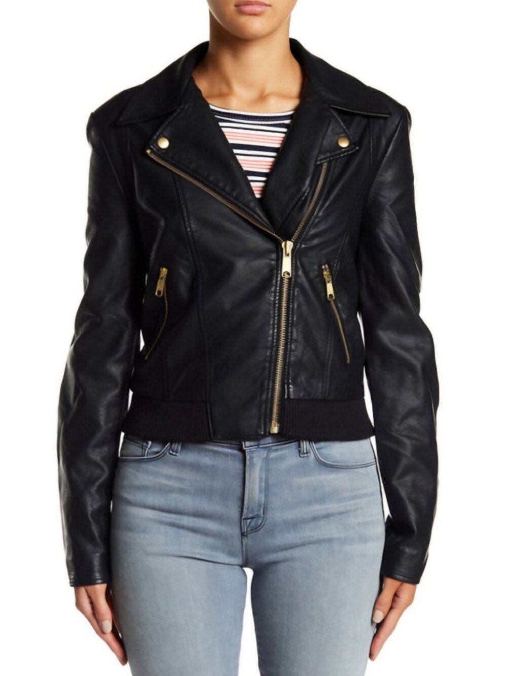 Free People Black Faux Vegan Leather Moto Jacket Gold Hardware Lined Size M